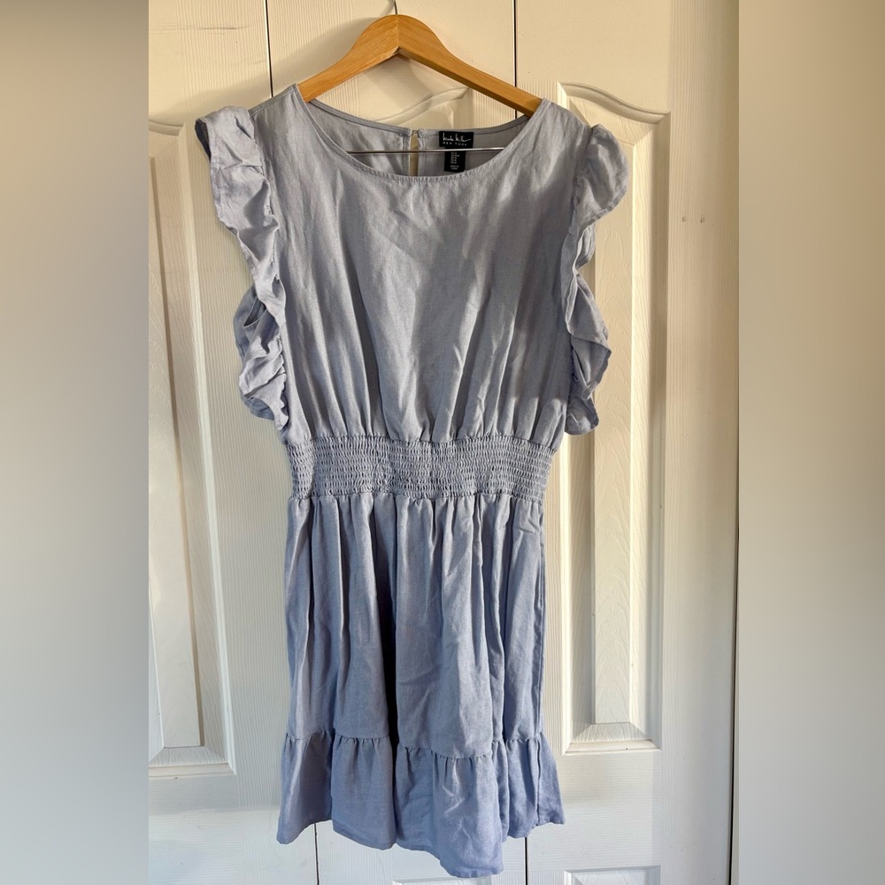Nicole Miller Dress linen blend light muted blue romantic ruffle short M NWOT